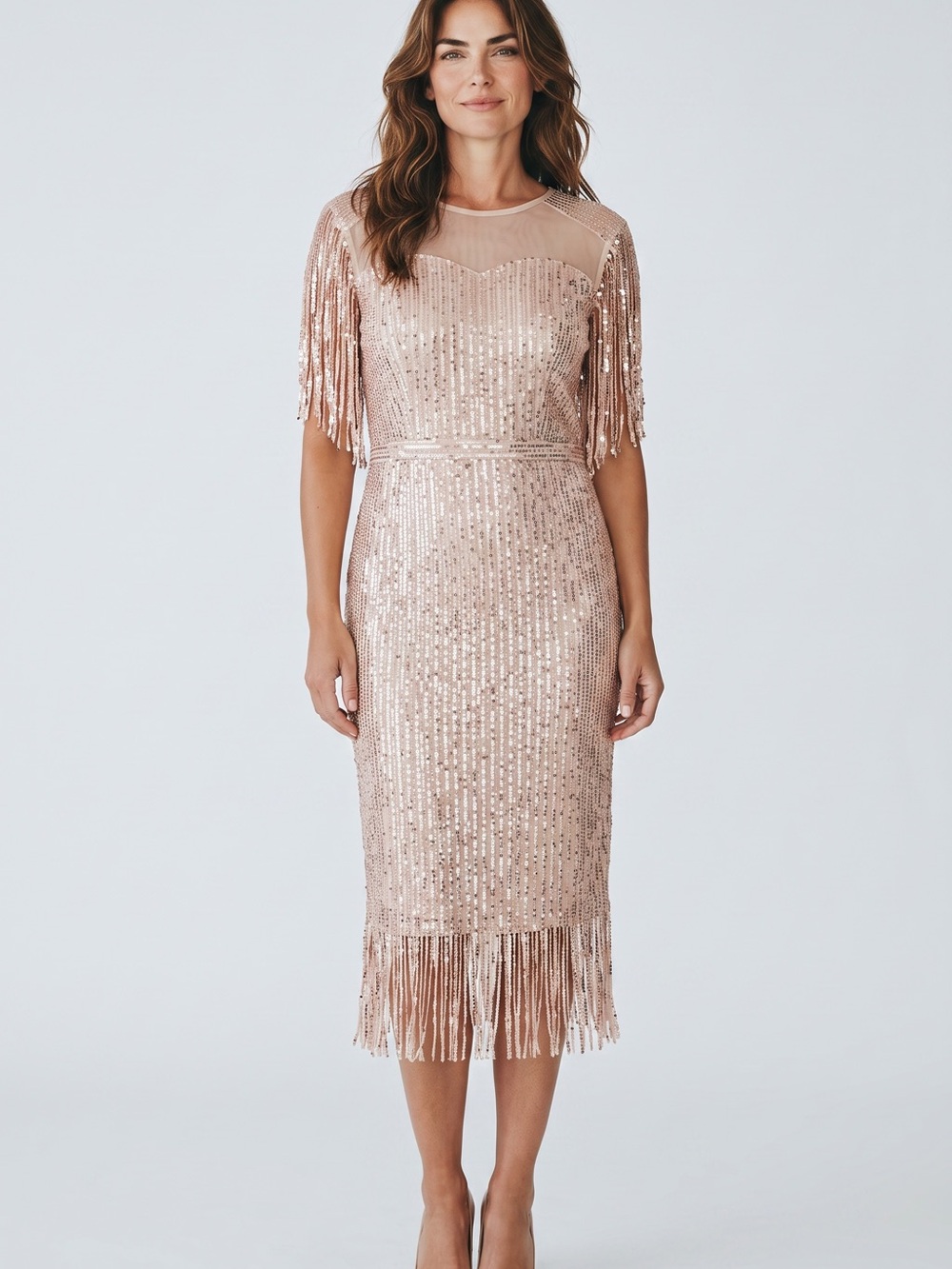 Fringe Sequin Midi Dress in Blush Pink
